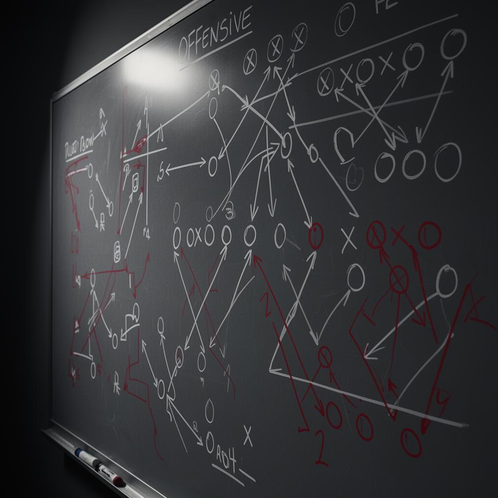 Whiteboard with offensive play diagrams
